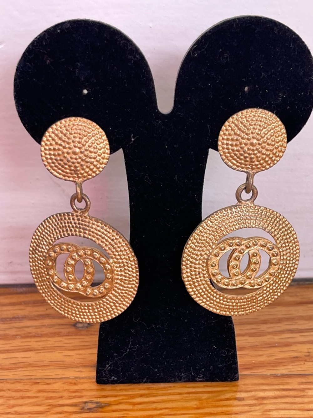Hammered Matte Gold-Tone Double Circle Drop Clip On Earrings